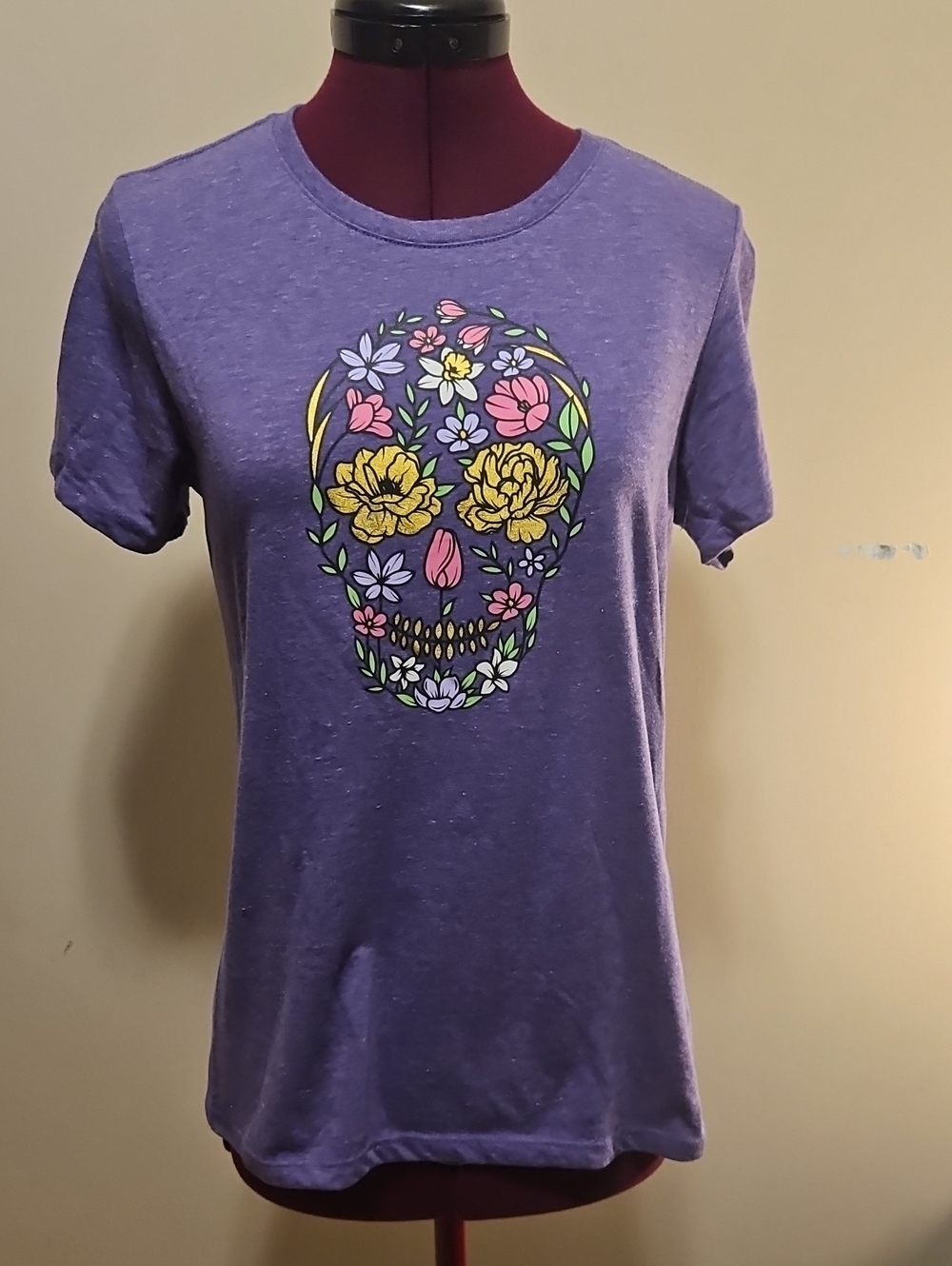 Purple Floral Skull Graphic Tee - Bright Flower Print